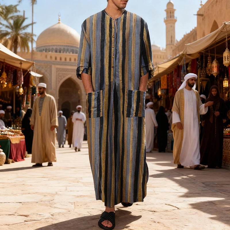 New Men Islam Qamis Muslim Striped Robes Long Sleeve Button-down Arabian Kaftan Suit Middle East Dubai Abaya Summer Man Clothing