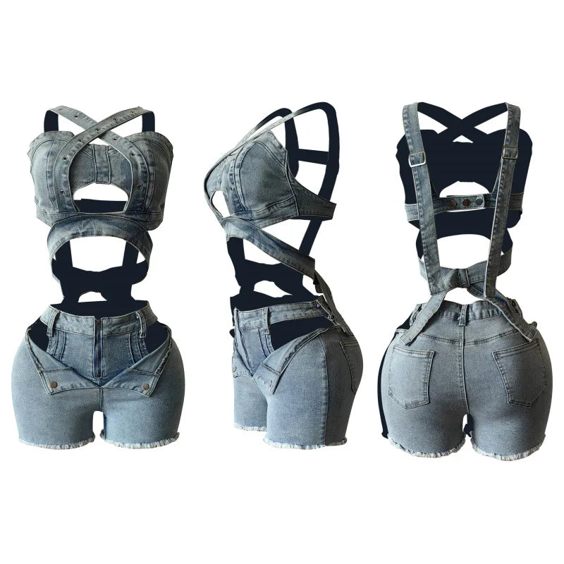 Ensemble 2 pièces Denim – Top Halter & Short Mini – Style Sexy & Club