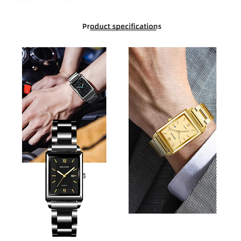 Top Brand Luxury Watches for Men Fashion Quartz Wristwatch Square Gold Stainless Steel Watch Band Business Clock Gold Watch