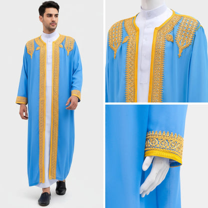 luxury Gold Embroidered Arab Traditional Long Robe Thobe Men's Formal Dress Middle East Ethnic Style Polyester Fiber