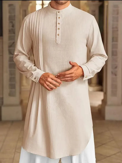2026 Summer New Muslim Middle East Arab Malaysia Mens Button Cotton Linen Shirt Muslim Robe Long Sleeve Traditional Tops