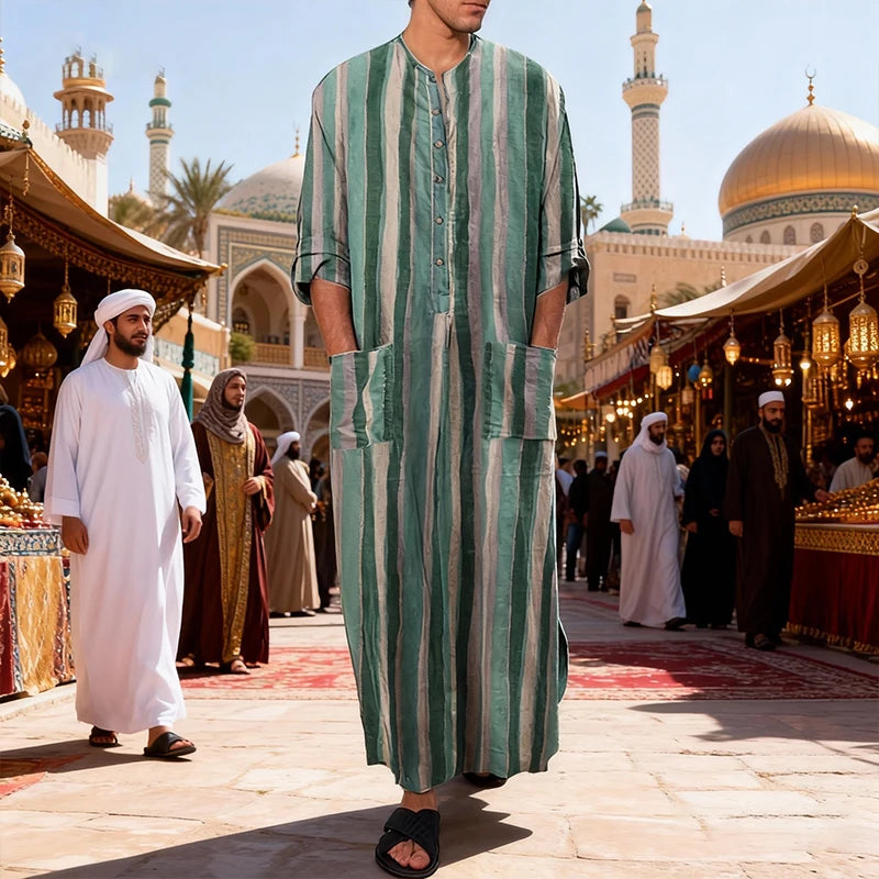 New Men Islam Qamis Muslim Striped Robes Long Sleeve Button-down Arabian Kaftan Suit Middle East Dubai Abaya Summer Man Clothing