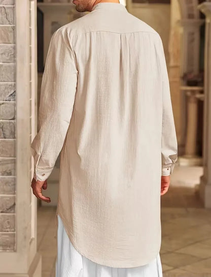 2026 Summer New Muslim Middle East Arab Malaysia Mens Button Cotton Linen Shirt Muslim Robe Long Sleeve Traditional Tops