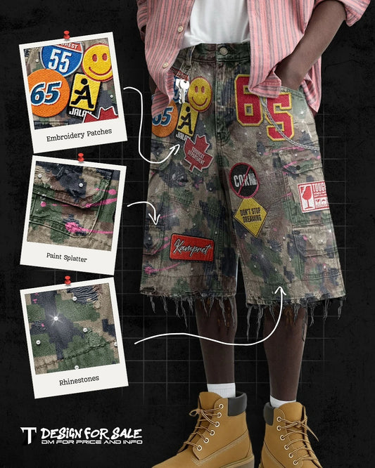 Short Denim Patchwork Cartoon BiggOrange – Style Hip-Hop Y2K, Coupe Loose & Camo Rétro