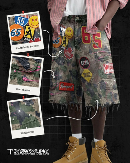 Short Denim Patchwork Cartoon BiggOrange – Style Hip-Hop Y2K, Coupe Loose &amp; Camo Rétro