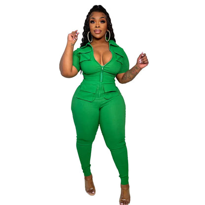 Wmstar Jumpsuit Women Summer Romper V Neck Zipper Short Sleeves Solid Pockets One Piece Outfits Bodysuit Wholesale Dropshipping