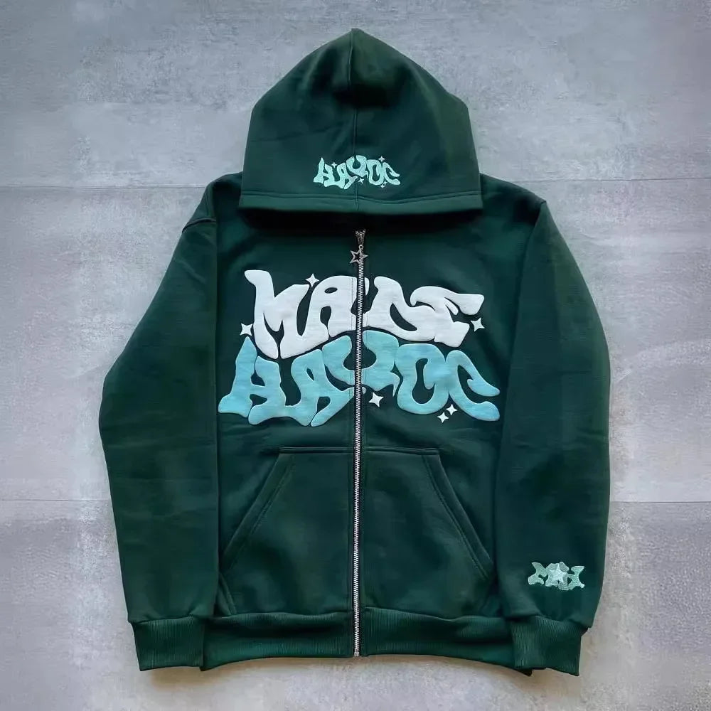 Men's Retro American Letter Zipper Printed Hooded Sweatshirt, Unisex Autumn and Winter Open Cardigan