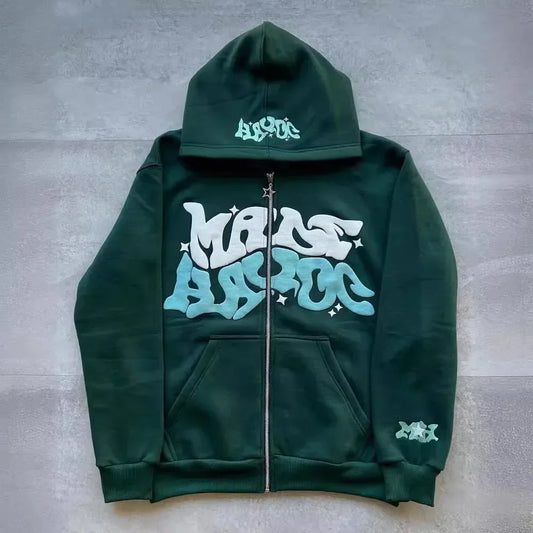 Men's Retro American Letter Zipper Printed Hooded Sweatshirt, Unisex Autumn and Winter Open Cardigan
