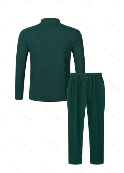 Men's Waffle Check Stand-Up Collar Semi-Casual Business Suit Button-Down Top with Comfortable Trousers have 1/2pieces
