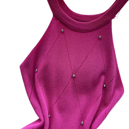 Women's Pink Halter Neck Sleeveless Rhinestone Sundress Knit Stretchy Ribbed Bodycon Mini Dress Summer Party Cocktail Dress