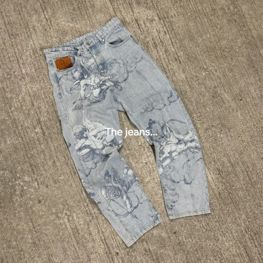 Y2K "Angel Cupids Arrow" Baggy Jeans – American Retro Style, Straight Cut & Stonewashed Denim