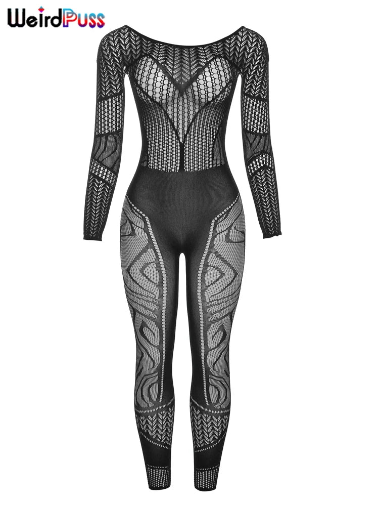 Combinaisons transparentes à manches longues pour femmes, ajourées, style sexy pour soirées, clubs ou danse, tenues galbantes style "coquette".