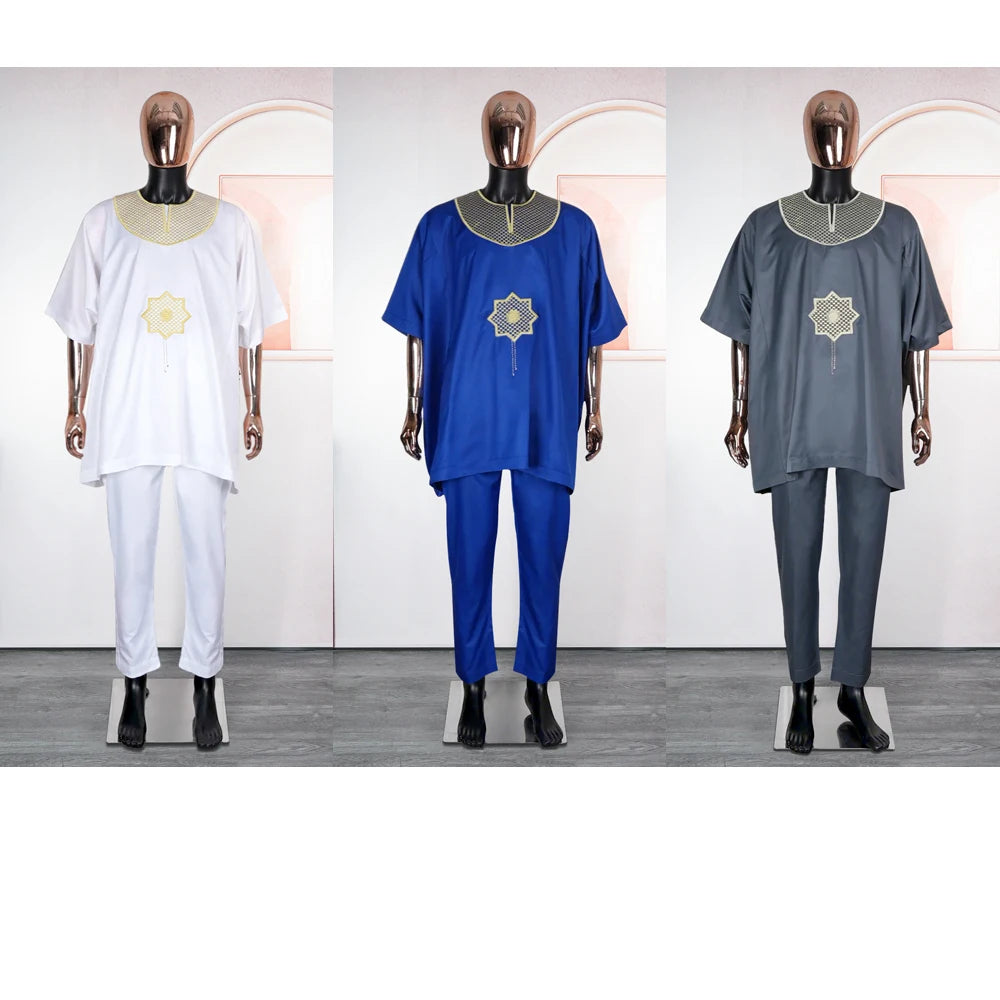 New African Traditional Clothes For Business Men Embroidery Dashiki Robe Shirt and Pants Sets 2 PCS Outfits Wedding Party 2025
