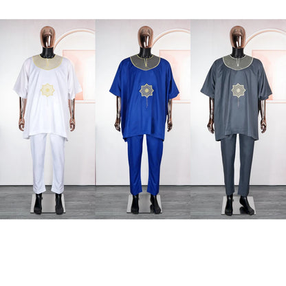 New African Traditional Clothes For Business Men Embroidery Dashiki Robe Shirt and Pants Sets 2 PCS Outfits Wedding Party 2025