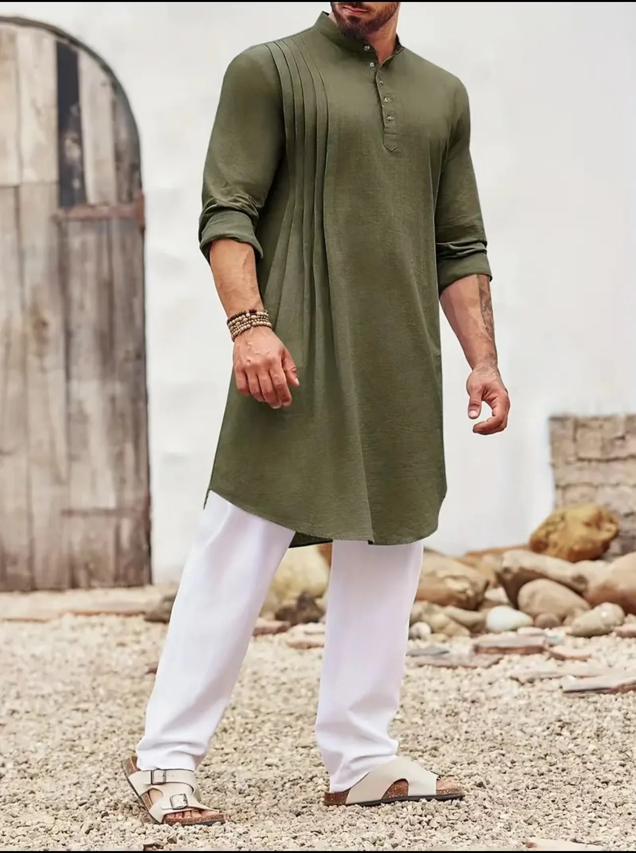 2026 Summer New Muslim Middle East Arab Malaysia Mens Button Cotton Linen Shirt Muslim Robe Long Sleeve Traditional Tops