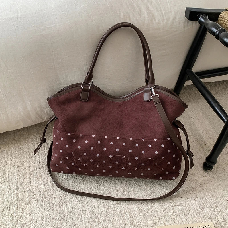 Vintage Frosted Tote Bag Casual Students Purse Large Capacity Shoulder Bag Polka Dot Drawstring Zipper Handbag With Star Pendant