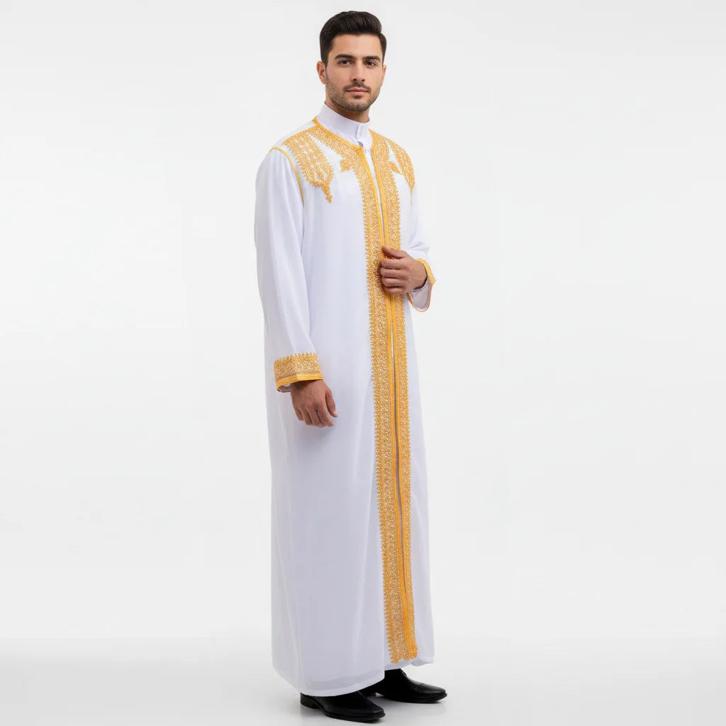 luxury Gold Embroidered Arab Traditional Long Robe Thobe Men's Formal Dress Middle East Ethnic Style Polyester Fiber
