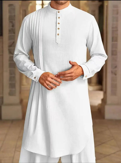 2026 Summer New Muslim Middle East Arab Malaysia Mens Button Cotton Linen Shirt Muslim Robe Long Sleeve Traditional Tops