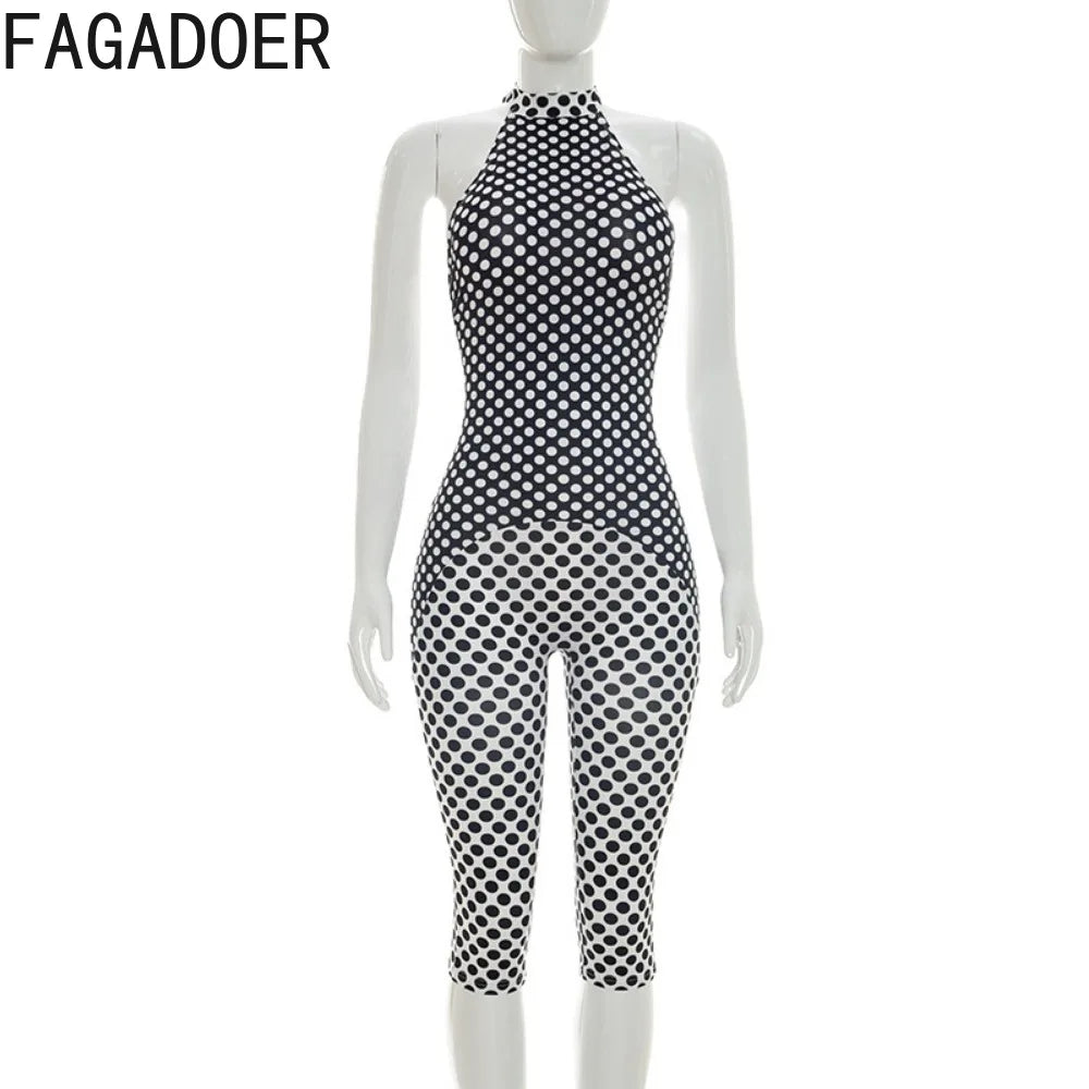 FAGADOER Color Patchwork Polka Dot Romper Retro Big Dot Bandage Halter Bodycon Jumpsuits Summer Streetwear Playsuits 2026 Trendy