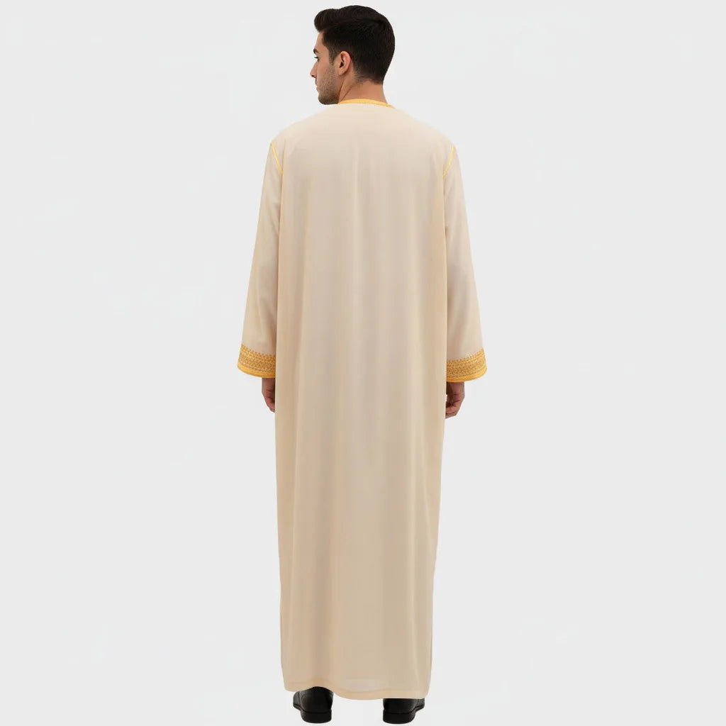 luxury Gold Embroidered Arab Traditional Long Robe Thobe Men's Formal Dress Middle East Ethnic Style Polyester Fiber