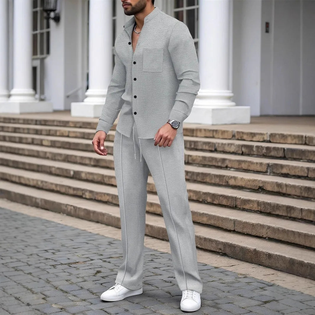 New autumn men's suit, waffle plain-colored long-sleevedshirt with pocket cardigan, stylish men's casual clothing long pants set