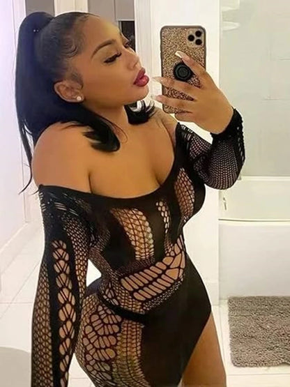 Bandage Mini Dress Hollow Out Sexy Slim Women Babydoll Dress Fashion Square Collar With Gloves Sexy Backless Dresses Nightclub