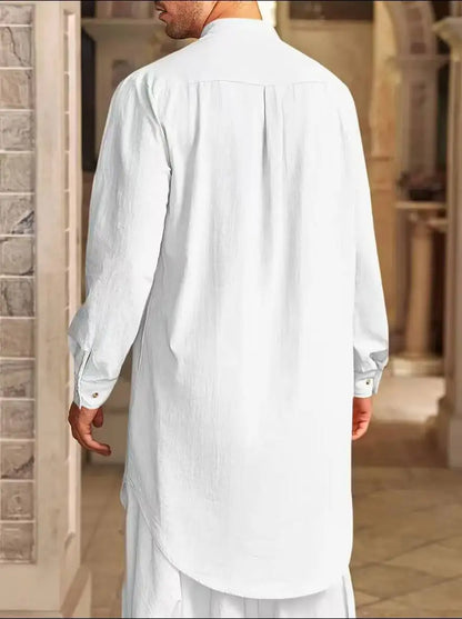 2026 Summer New Muslim Middle East Arab Malaysia Mens Button Cotton Linen Shirt Muslim Robe Long Sleeve Traditional Tops