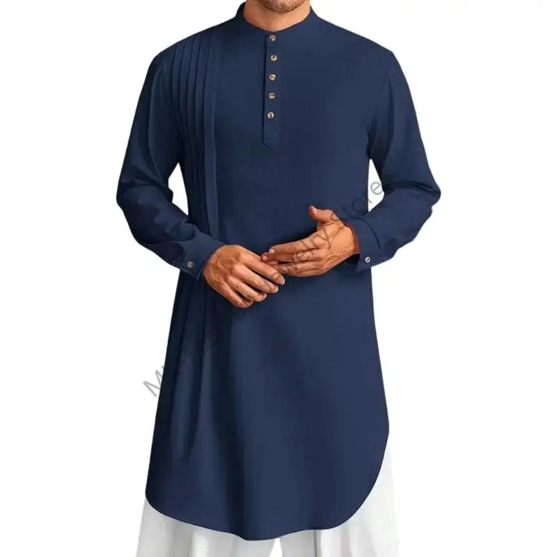 Q6PF Fashion Long Sleeve Men Thobe Ethnic Shirt Ramadans Gown Moroccan Robe