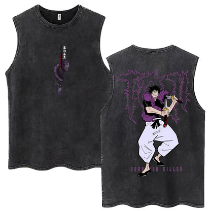 Anime Jujutsu Kaisen Satoru Gojo Vintage Wash Tank Tops Men Women Classic Manga Cotton T Shirt Fashion Loose Sleeveless T-Shirt