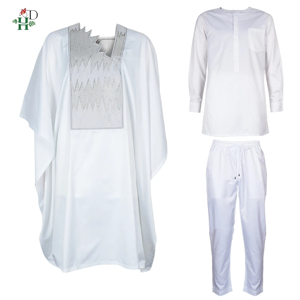 H&D African Clothing Traditional 3PCS Outfit For Man Bazin Riche Agbada Embroidery Wedding Party Plus Size Muslim Men Clothing