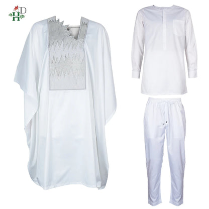 H&D African Clothing Traditional 3PCS Outfit For Man Bazin Riche Agbada Embroidery Wedding Party Plus Size Muslim Men Clothing