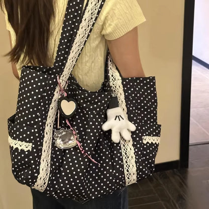 Korean Polka Dot Shoulder Bag For Women Retro Fashion Large Capacity Tote Bag Literary Work Commute Versatile Canvas Handbag