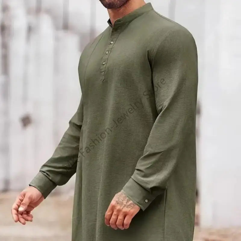 Q6PF Fashion Long Sleeve Men Thobe Ethnic Shirt Ramadans Gown Moroccan Robe