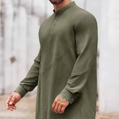 Q6PF Fashion Long Sleeve Men Thobe Ethnic Shirt Ramadans Gown Moroccan Robe