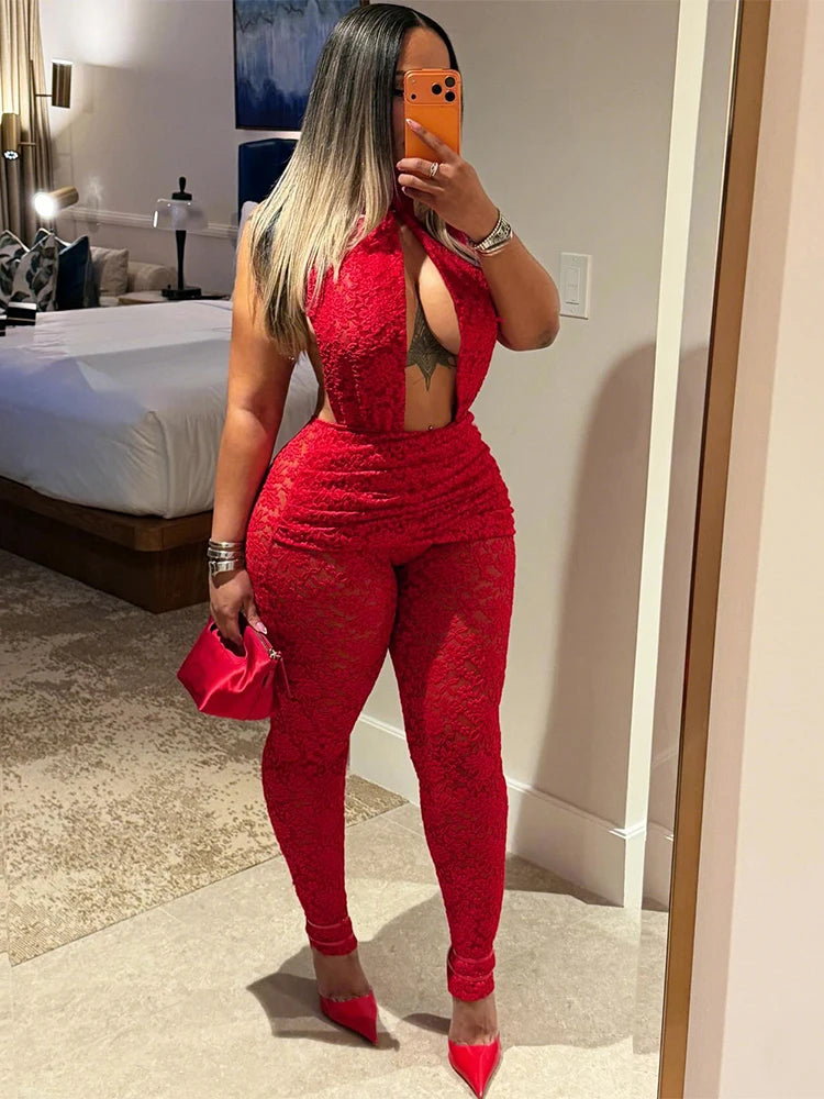 Nibber Hollow Jumpsuit Women Backless Halter Jacquard Sexy Trend Sleeveless Stretch Midnight Clubwear Patchwork Overalls