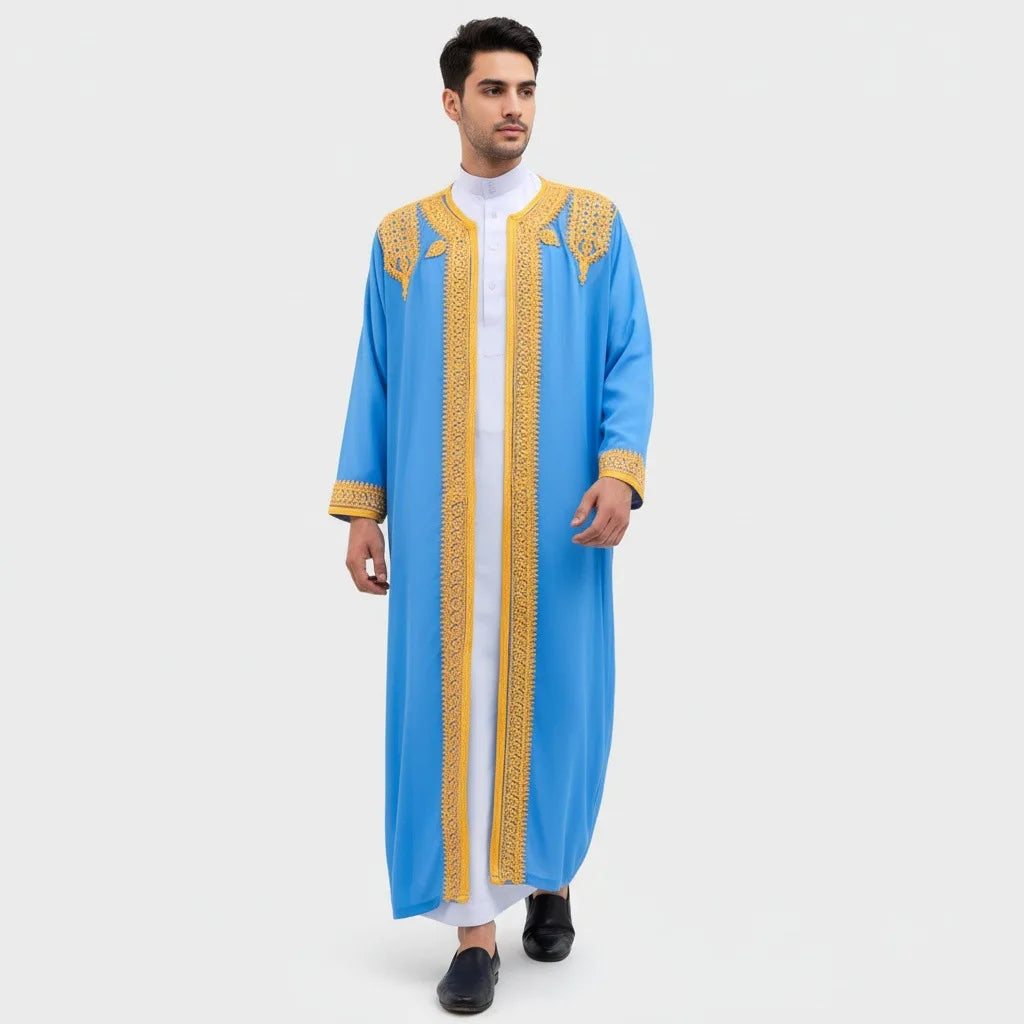luxury Gold Embroidered Arab Traditional Long Robe Thobe Men's Formal Dress Middle East Ethnic Style Polyester Fiber