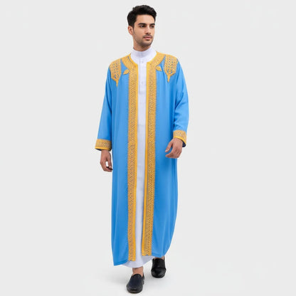luxury Gold Embroidered Arab Traditional Long Robe Thobe Men's Formal Dress Middle East Ethnic Style Polyester Fiber