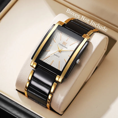 Fashion Rectangle Men Business Watches Luxury Stainless Steel Strap Quartz Wristwatch For Mens Clock Reloj Hombre（Without Box）