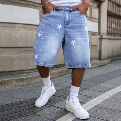 Short en Jean Ample Imprimé Étoiles – Style Casual, Lavage aux Enzymes &amp; Look d'Été