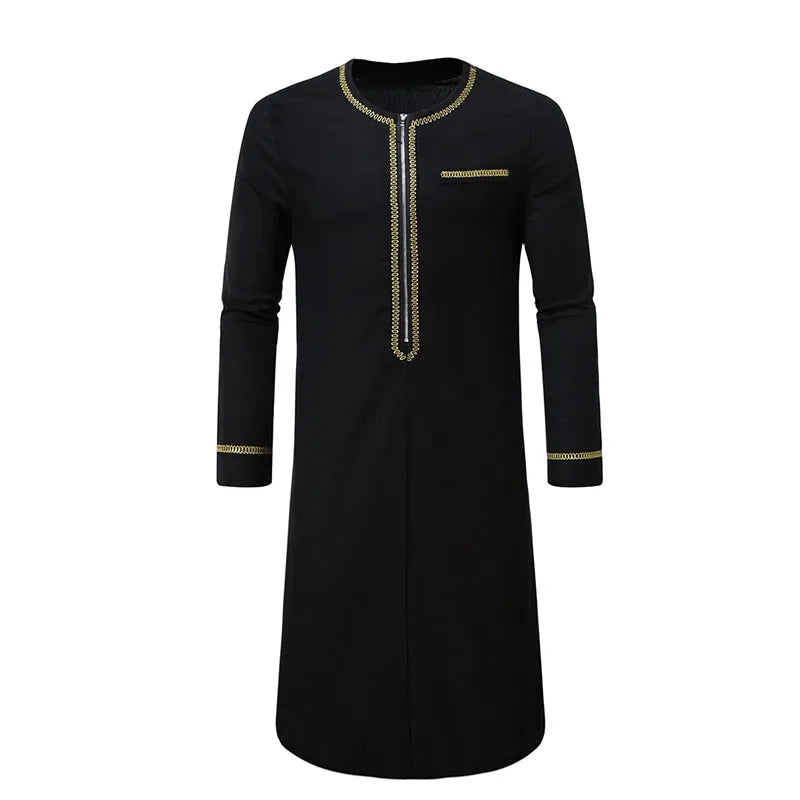 New Men's Round Collar Embroidered Robe Fashion Male Halloween Trend Black Long Coats