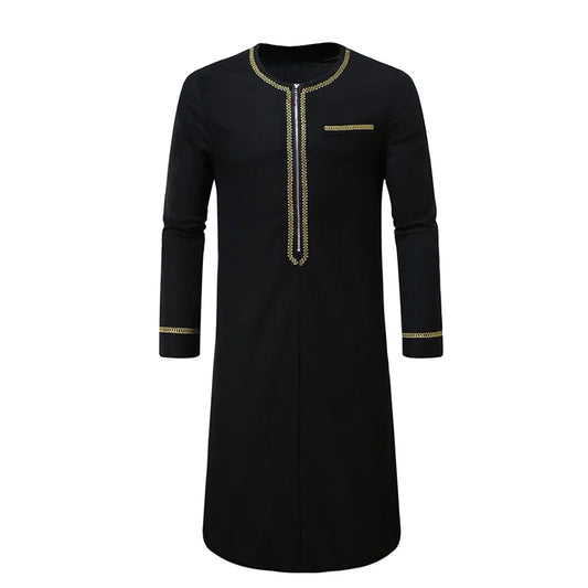 New Men Round Collar Embroidered Robe Fashion Male Halloween Trend Black Long Coats