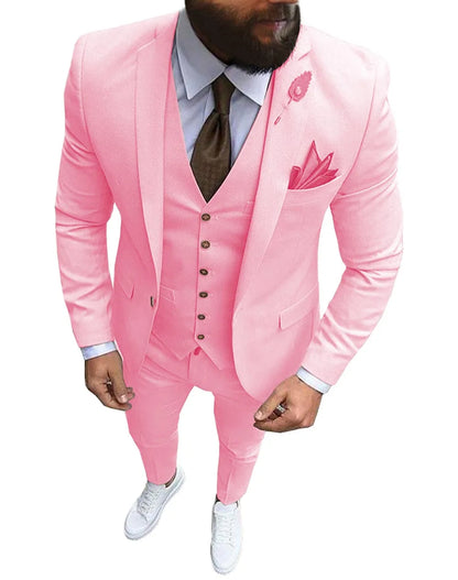 New Pink Men's 3 Pieces Suit Formal Business Notch Lapel Slim Fit Tuxedos Best Man Blazer For Wedding(Blazer+Vest+Pants)
