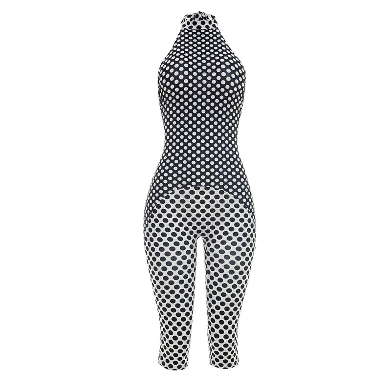 FAGADOER Color Patchwork Polka Dot Romper Retro Big Dot Bandage Halter Bodycon Jumpsuits Summer Streetwear Playsuits 2026 Trendy