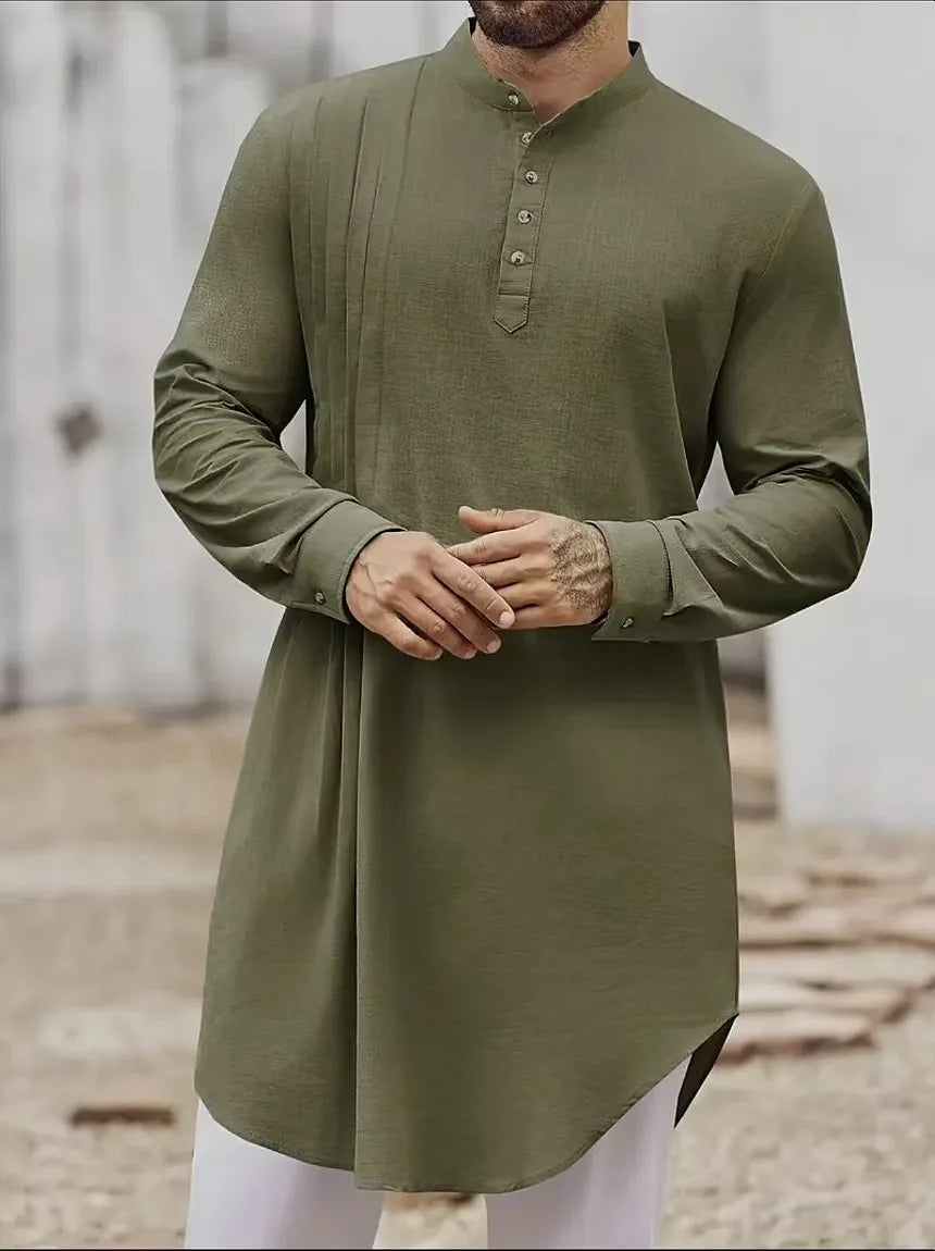 2026 Summer New Muslim Middle East Arab Malaysia Mens Button Cotton Linen Shirt Muslim Robe Long Sleeve Traditional Tops