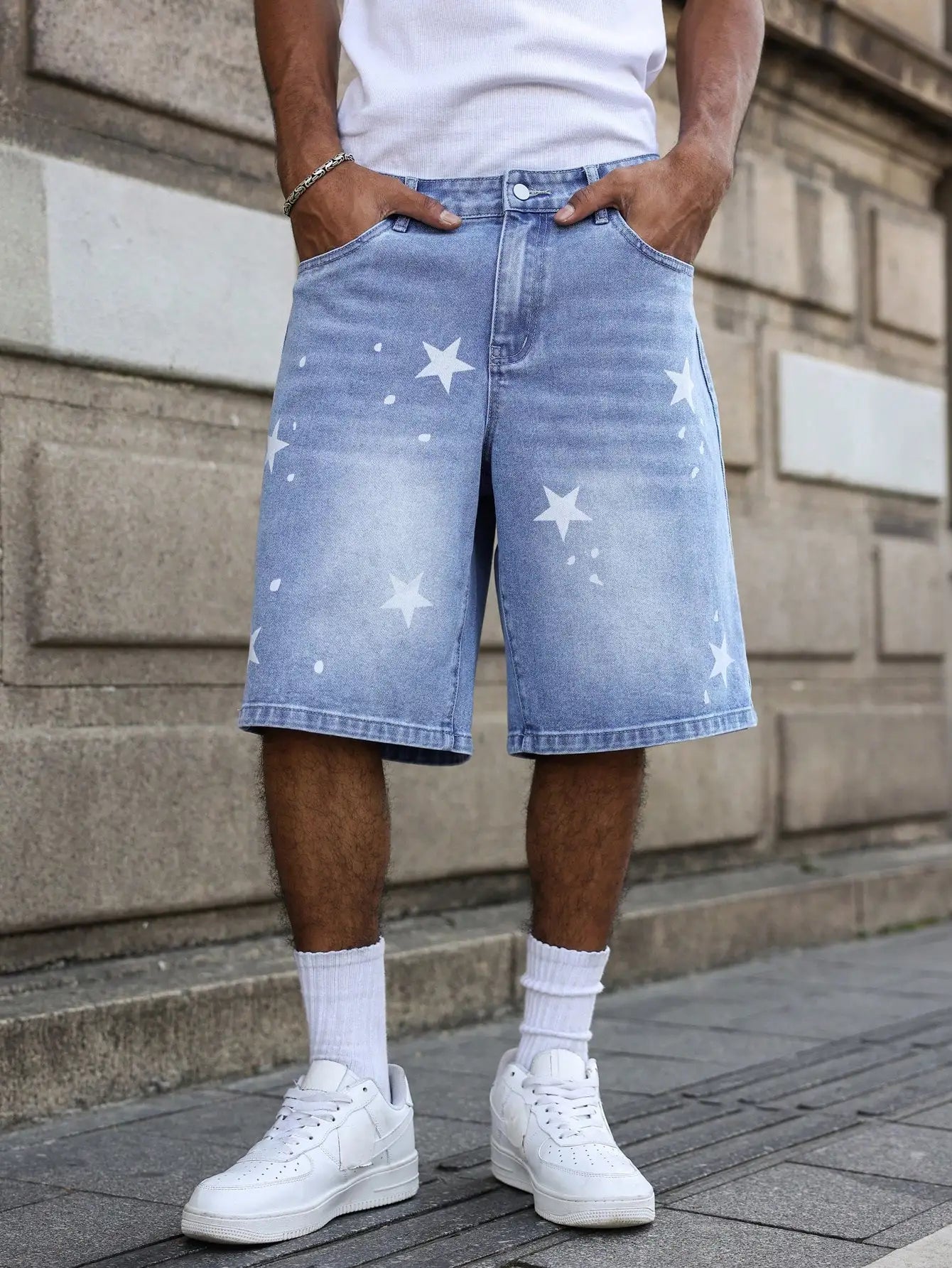 Short en Jean Ample Imprimé Étoiles – Style Casual, Lavage aux Enzymes &amp; Look d'Été