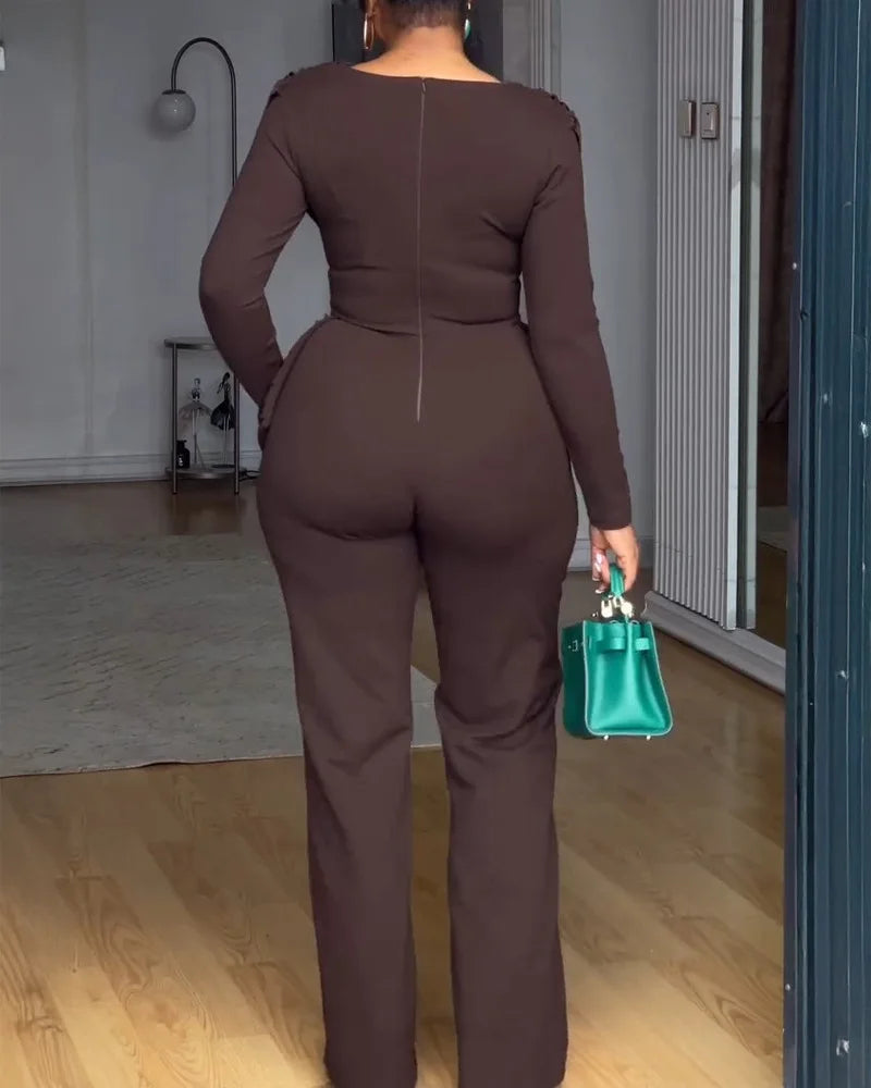 2025 Swing Collar Ruched Jumpsuit Long Sleeve Solid Elegant Office Lady Asymmetric Hem Casual Vintage Ruched Slim Autumn