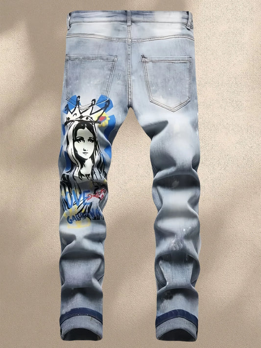 High Street KING JEANS Slim Jeans – Abstract Pattern, Appliqués & Stretch Comfort