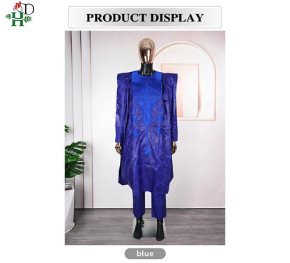 H&D African Clothing Traditional 3PCS Outfit For Man Bazin Riche Agbada Embroidery Wedding Party Plus Size Muslim Men Clothing