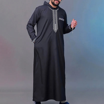 Muslim men's thobe long sleeves embroidered stand-up loose casual Saudi Arabia Islamic men's Abaya parties traditional clothing