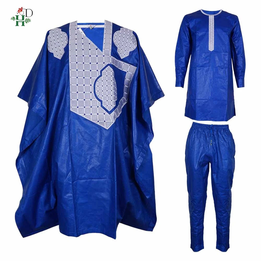 H&D African Clothing Traditional 3PCS Outfit For Man Bazin Riche Agbada Embroidery Wedding Party Plus Size Muslim Men Clothing